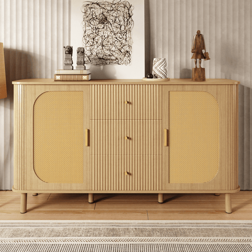 Aparador moderno - gavetas, prateleiras e pés em metal, design versátil para sala de estar com acabamento efeito madeira Aparador moderno - gavetas, prateleiras e pés em metal, design versátil para sala de estar com acabamento efeito madeira
