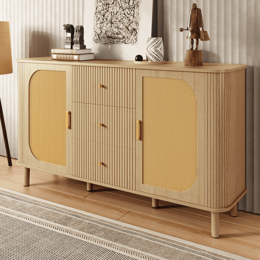 Aparador moderno - gavetas, prateleiras e pés em metal, design versátil para sala de estar com acabamento efeito madeira Aparador moderno - gavetas, prateleiras e pés em metal, design versátil para sala de estar com acabamento efeito madeira