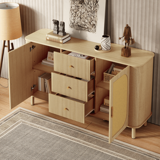 Aparador moderno - gavetas, prateleiras e pés em metal, design versátil para sala de estar com acabamento efeito madeira Aparador moderno - gavetas, prateleiras e pés em metal, design versátil para sala de estar com acabamento efeito madeira