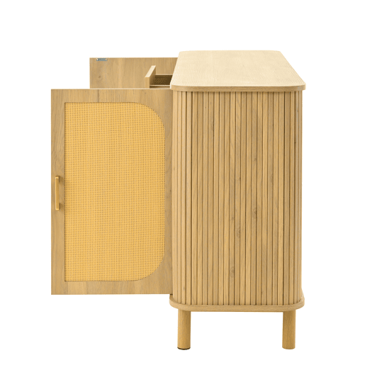 Aparador moderno - gavetas, prateleiras e pés em metal, design versátil para sala de estar com acabamento efeito madeira Aparador moderno - gavetas, prateleiras e pés em metal, design versátil para sala de estar com acabamento efeito madeira