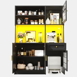 Aparador 130x45x180 cm - Armário alto com portas de vidro e LED - Preto