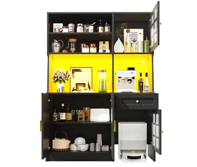 Aparador 130x45x180 cm - armario alto con puertas de vidrio y led - negro