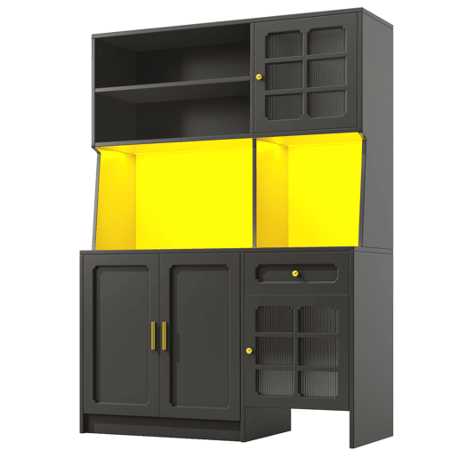 Aparador 130x45x180 cm - Armário alto com portas de vidro e LED - Preto