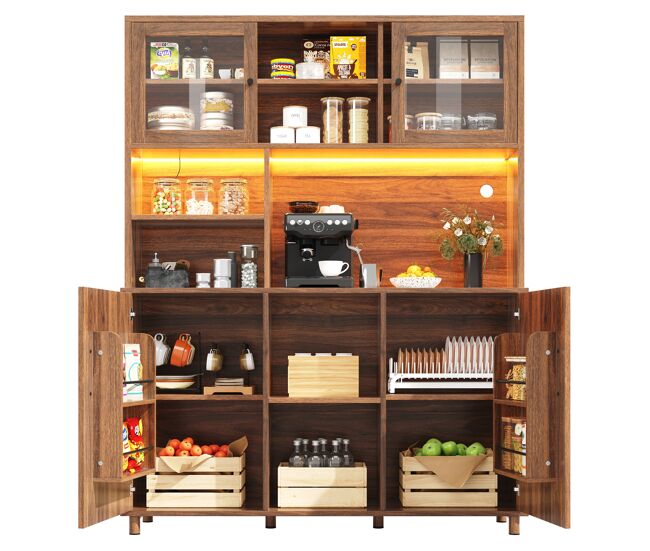 Aparador 120x40x185 cm - con iluminación led, puerta con estante para snacks, estilo retro - color nogal