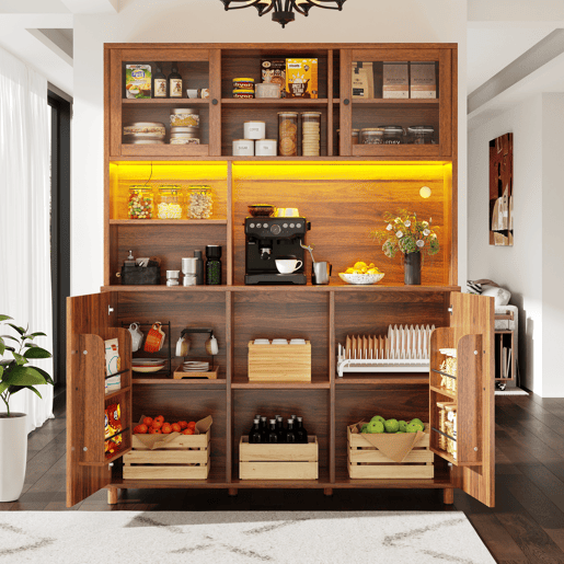 Aparador 120x40x185 cm - Com iluminação LED, porta com prateleira para snacks, estilo retro - Cor nogueira Aparador 120x40x185 cm - Com iluminação LED, porta com prateleira para snacks, estilo retro - Cor nogueira