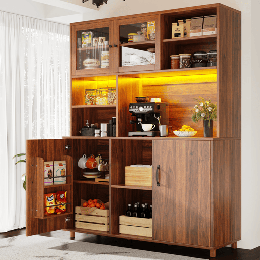 Aparador 120x40x185 cm - Com iluminação LED, porta com prateleira para snacks, estilo retro - Cor nogueira Aparador 120x40x185 cm - Com iluminação LED, porta com prateleira para snacks, estilo retro - Cor nogueira