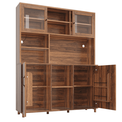 Aparador 120x40x185 cm - Com iluminação LED, porta com prateleira para snacks, estilo retro - Cor nogueira Aparador 120x40x185 cm - Com iluminação LED, porta com prateleira para snacks, estilo retro - Cor nogueira