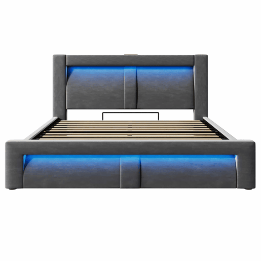 Cama de casal 140x200 cm - hidráulica com espaço de arrumação, LED com controlo por aplicação, portas USB e Type-C, cabeceira curva, veludo - cinzento