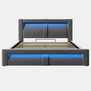 Cama de casal 140x200 cm - hidráulica com espaço de arrumação, LED com controlo por aplicação, portas USB e Type-C, cabeceira curva, veludo - cinzento