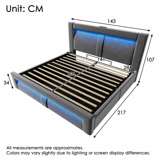 Cama de casal 140x200 cm - hidráulica com espaço de arrumação, LED com controlo por aplicação, portas USB e Type-C, cabeceira curva, veludo - cinzento