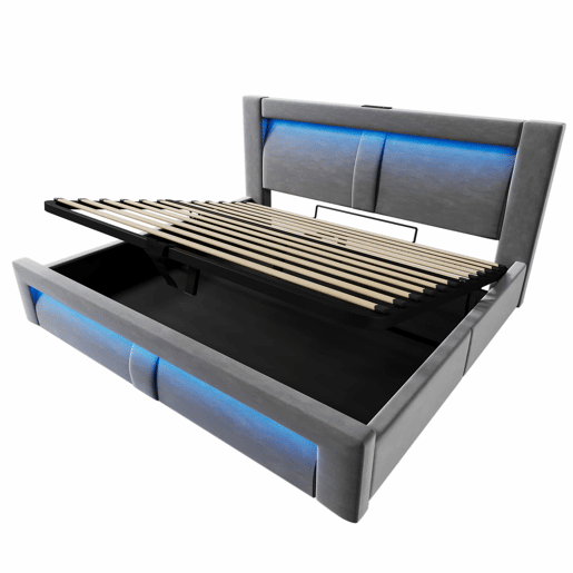 Cama de casal 140x200 cm - hidráulica com espaço de arrumação, LED com controlo por aplicação, portas USB e Type-C, cabeceira curva, veludo - cinzento