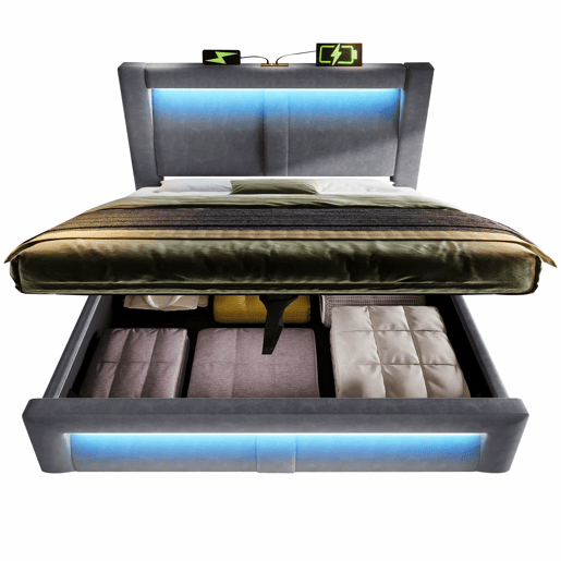Cama de casal 140x200 cm - hidráulica com espaço de arrumação, LED com controlo por aplicação, portas USB e Type-C, cabeceira curva, veludo - cinzento