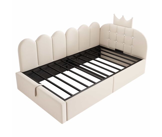 Cama tapizada tipo diván 90x200 cm - sofá cama con almacenaje hidráulico, diseño en l de terciopelo con rejilla de corona, sin colchón - beige