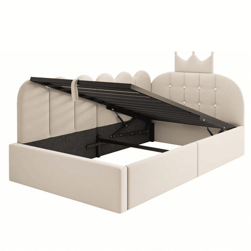 Cama estofada tipo divã 90x200 cm - sofá-cama com arrumação hidráulica, design em L em veludo com estrutura em treliça, sem colchão - bege