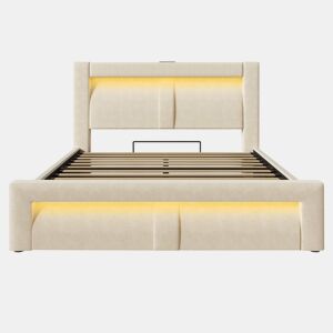 Cama de casal 140x200 cm - com arrumação, base hidráulica, iluminação LED com controlo por aplicação, portas USB e Type-C, cabeceira curva em veludo - bege