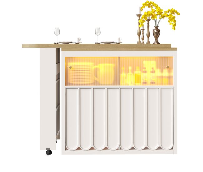 Mesa de bar extensible 135-205x39x100 cm - mesa de bar moderna con led, puertas con rayas, blanco