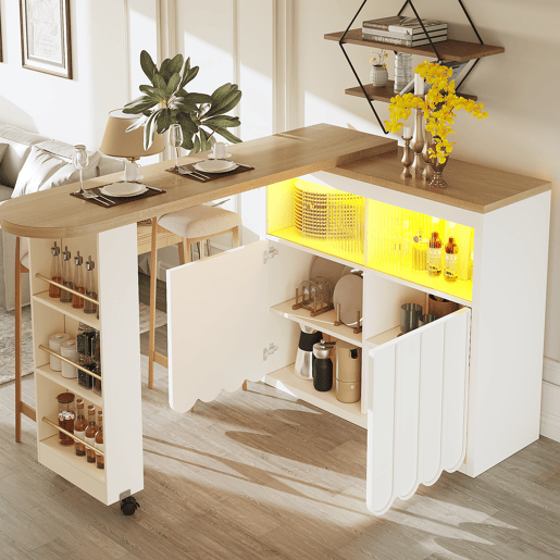 Mesa de bar extensÃvel 135-205x39x100 cm - Mesa de bar moderna com LED, portas com riscas, branca Mesa de bar extensÃvel 135-205x39x100 cm - Mesa de bar moderna com LED, portas com riscas, branca