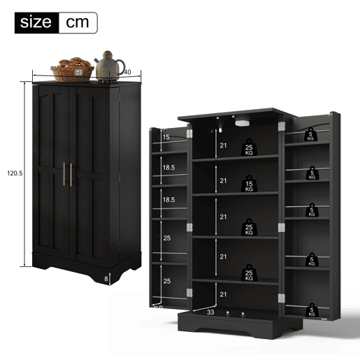 Aparador 120x60x40 cm - Com luz LED, 2 portas, prateleiras ajustáveis - Preto