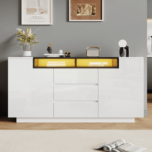 Aparador 140x40x68 cm - Com 2 portas L, 3 gavetas, divisórias ajustáveis e luzes LED - Branco