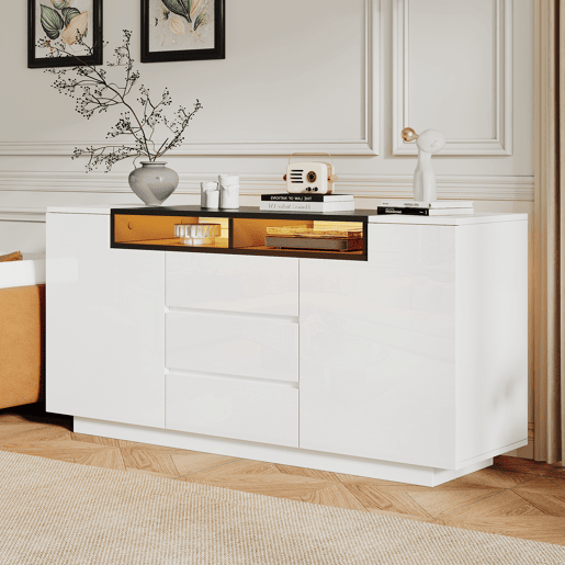 Aparador 140x40x68 cm - Com 2 portas L, 3 gavetas, divisórias ajustáveis e luzes LED - Branco