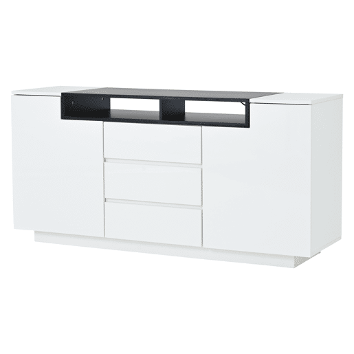 Aparador 140x40x68 cm - Com 2 portas L, 3 gavetas, divisórias ajustáveis e luzes LED - Branco
