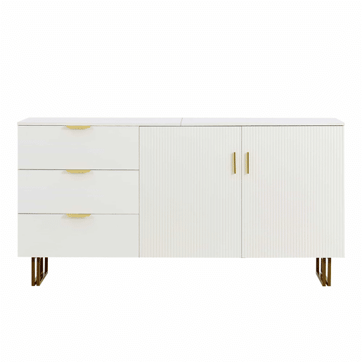 Aparador moderno de 160 cm - 2 portas e 3 gavetas, estrutura em MDF, detalhes em liga de alumínio dourada, pés de aço resistentes, estilo elegante e funcional para a sala de estar ou de jantar - branco