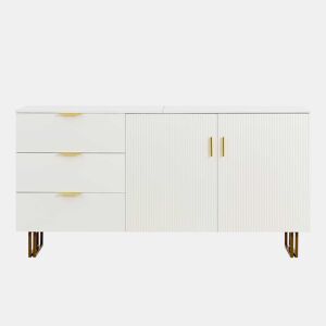 Aparador moderno de 160 cm - 2 portas e 3 gavetas, estrutura em MDF, detalhes em liga de alumínio dourada, pés de aço resistentes, estilo elegante e funcional para a sala de estar ou de jantar - branco