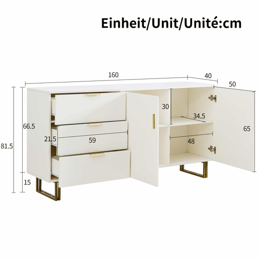 Aparador moderno de 160 cm - 2 portas e 3 gavetas, estrutura em MDF, detalhes em liga de alumínio dourada, pés de aço resistentes, estilo elegante e funcional para a sala de estar ou de jantar - branco