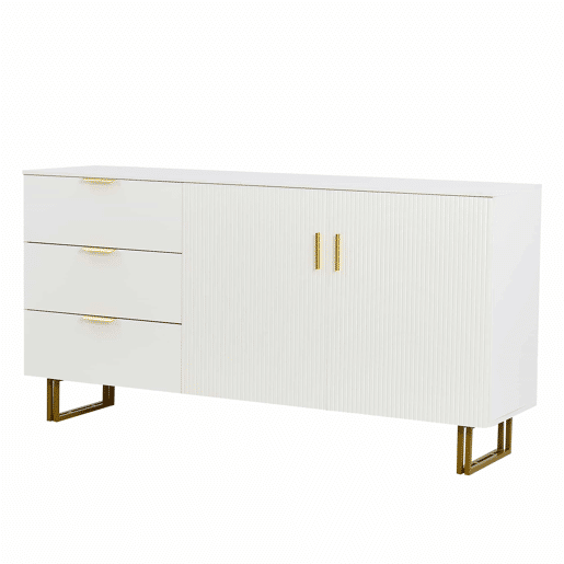 Aparador moderno de 160 cm - 2 portas e 3 gavetas, estrutura em MDF, detalhes em liga de alumínio dourada, pés de aço resistentes, estilo elegante e funcional para a sala de estar ou de jantar - branco