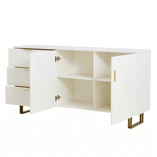 Aparador moderno de 160 cm - 2 portas e 3 gavetas, estrutura em MDF, detalhes em liga de alumínio dourada, pés de aço resistentes, estilo elegante e funcional para a sala de estar ou de jantar - branco