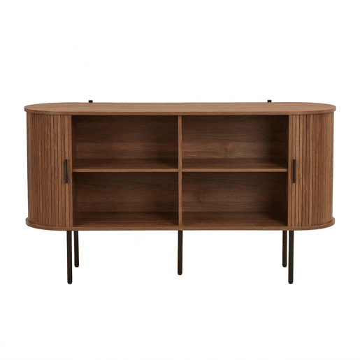 Aparador moderno de tamanho padrão - portas com persianas enroláveis, puxadores em alumínio, pés em ferro, armário de arrumação versátil para a sala de estar e a sala de jantar, design moderno - nogueira