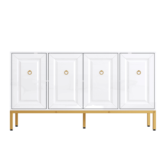Aparador 140x80x40 cm - Elemento de arrumação de alto brilho, com prateleiras, puxadores e pés dourados - Branco