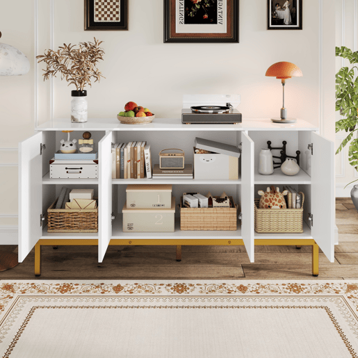 Aparador 140x80x40 cm - Elemento de arrumação de alto brilho, com prateleiras, puxadores e pés dourados - Branco