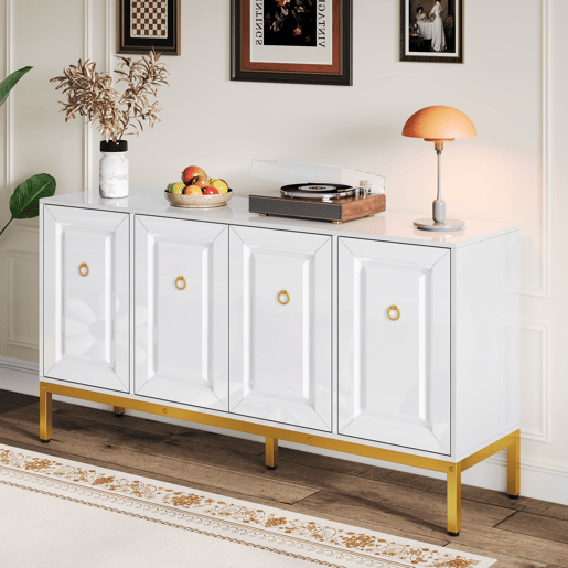 Aparador 140x80x40 cm - Elemento de arrumação de alto brilho, com prateleiras, puxadores e pés dourados - Branco