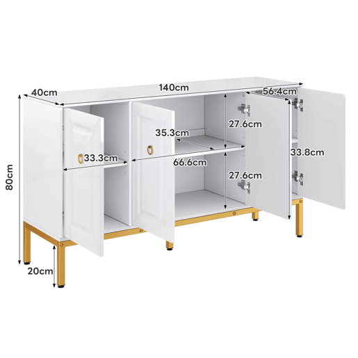 Aparador 140x80x40 cm - Elemento de arrumação de alto brilho, com prateleiras, puxadores e pés dourados - Branco