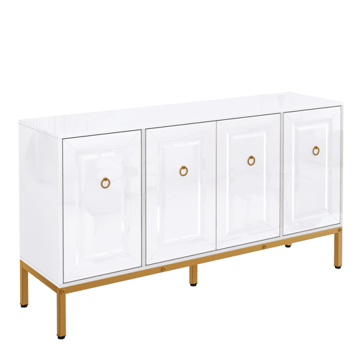 Aparador 140x80x40 cm - Elemento de arrumação de alto brilho, com prateleiras, puxadores e pés dourados - Branco