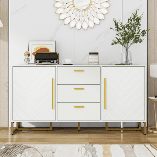Aparador com 2 portas e 3 gavetas - elegante com padrĂ£o em espiga - Branco Aparador com 2 portas e 3 gavetas - elegante com padrĂ£o em espiga - Branco