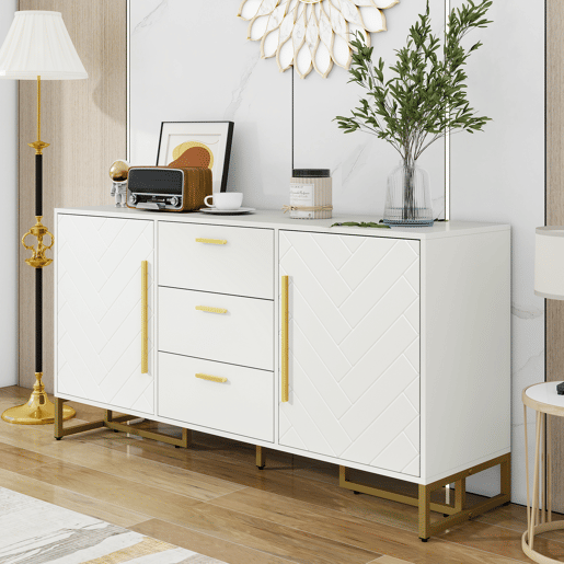 Aparador com 2 portas e 3 gavetas - elegante com padrĂ£o em espiga - Branco Aparador com 2 portas e 3 gavetas - elegante com padrĂ£o em espiga - Branco