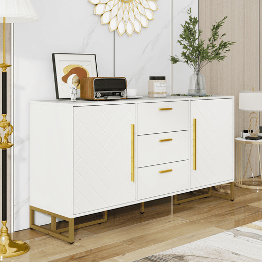 Aparador com 2 portas e 3 gavetas - elegante com padrĂ£o em espiga - Branco Aparador com 2 portas e 3 gavetas - elegante com padrĂ£o em espiga - Branco