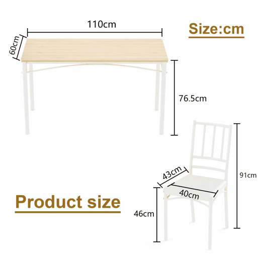Conjunto de mesa de jantar 110 x 60 x 76,5 cm - Estilo industrial, 4 cadeiras de jantar - Natural e branco