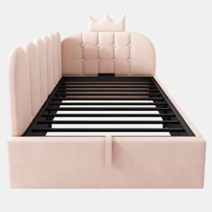Sofá-cama estofado 90x200 cm - com arrumação hidráulica, design em forma de coroa e grelha, formato em L, veludo - Rosa