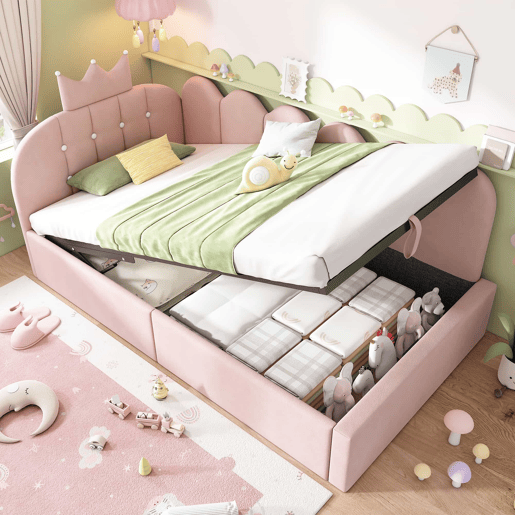 Sofá-cama estofado 90x200 cm - com arrumação hidráulica, design em forma de coroa e grelha, formato em L, veludo - Rosa