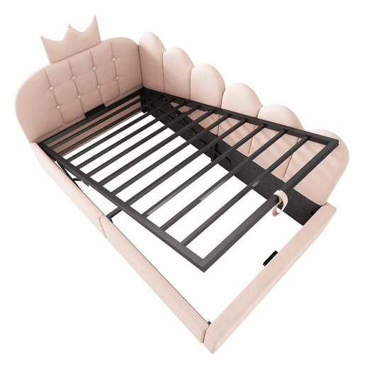 Sofá-cama estofado 90x200 cm - com arrumação hidráulica, design em forma de coroa e grelha, formato em L, veludo - Rosa