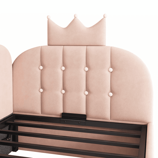 Sofá-cama estofado 90x200 cm - com arrumação hidráulica, design em forma de coroa e grelha, formato em L, veludo - Rosa