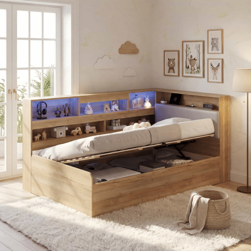 Cama individual 90 x 200 cm - cama com arrumação hidráulica, LED e porta USB - cor natural