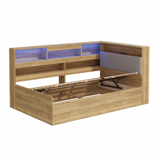 Cama individual 90 x 200 cm - cama com arrumação hidráulica, LED e porta USB - cor natural