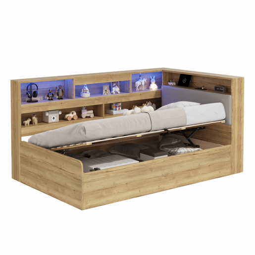 Cama individual 90 x 200 cm - cama com arrumação hidráulica, LED e porta USB - cor natural