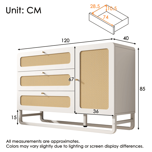 Cômoda 120x85x40 cm - Estilo rústico, 3 gavetas, 1 porta, prateleiras ajustáveis, puxadores dourados - Branco