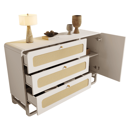 Cômoda 120x85x40 cm - Estilo rústico, 3 gavetas, 1 porta, prateleiras ajustáveis, puxadores dourados - Branco