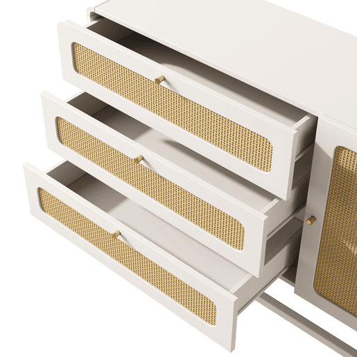Cômoda 120x85x40 cm - Estilo rústico, 3 gavetas, 1 porta, prateleiras ajustáveis, puxadores dourados - Branco